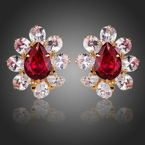 Flower Shaped Red CZ Stud Earrings