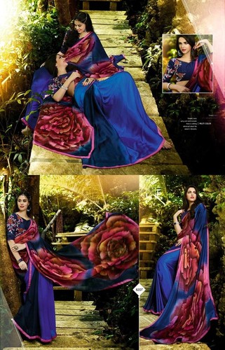Georgette Saree - Printed Design, Chiffon and Satin Blouse | Multi-Colored, Bollywood Style for Year-Round Elegance