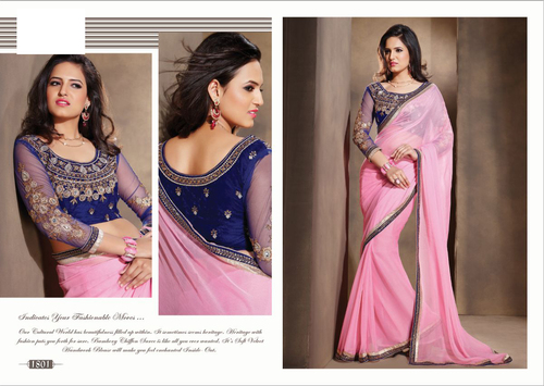 sajni-2 - Chiffon Saree 5.5 Meters Pink, Semi-Stitched Blouse | Embroidery, Stylish Look, Comfortable Fit