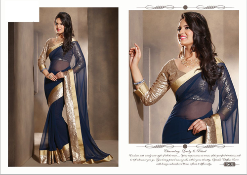 sajni-4 - Chiffon 5.5 Meters Navy Blue, Semi-Stitched Blouse | Embroidery, Elegant Design, Comfortable Fit, Party Wear