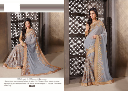 sajni-6 - Chiffon 5.5 Meter Saree, Grey Semi-Stitched Blouse | Embroidered Work, Comfortable Fit, Elegant Design