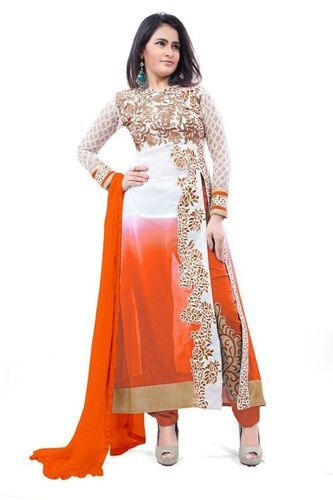 White And Orange Georgette Salwar Kameez