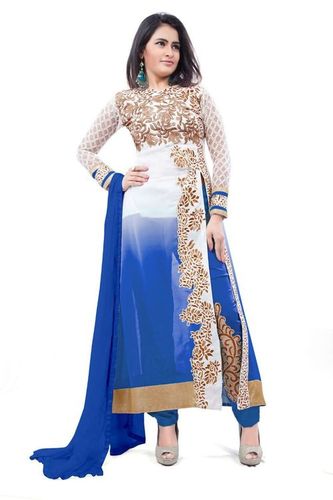006 - Polyester Georgette Semi Stitch Fabric, White & Blue with Hand Work | Breathable, Washable, Full Sleeves, Embroidered with Laces