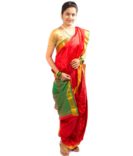 Saj Readymade Traditional Brahmni Nauvari Saree - Red Color ;