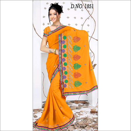 Aishwarya-6 - Synthetic Saree 5.5m x 1.1m, Orange | Hand-Stitched Embroidery, Traditional Design, Elegant Vibrant Look
