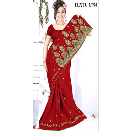 Aishwarya-15 - Synthetic 5.5m x 1.1m, Red with Gold Thread Embroidery | Elegant Design, Comfortable Wear, Vibrant Colors