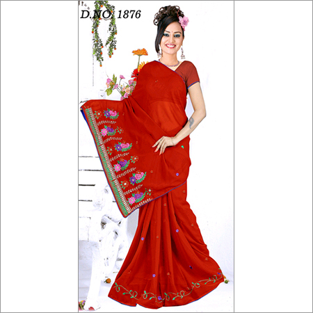 Aishwarya-19 - Synthetic 5.5m Red Embroidered Saree | Elegant Design, Vibrant Colors, Soft Fabric, Comfortable Wear