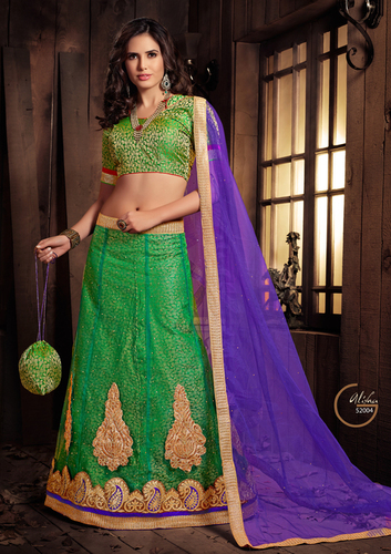 Saree - Silk, Free Size | Green and Blue, Embroidered Pattern, Short Sleeves, Washable, Dry Clean, No Fade, Suitable for All Seasons