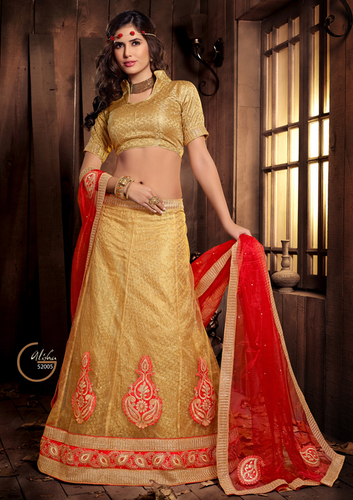 Saree - Net and Jacquard Fabric, Free Size, Golden Color with Embroidered Pattern and Lace Decoration | All Season Use, Dry Clean, Washable, Short Sleeves