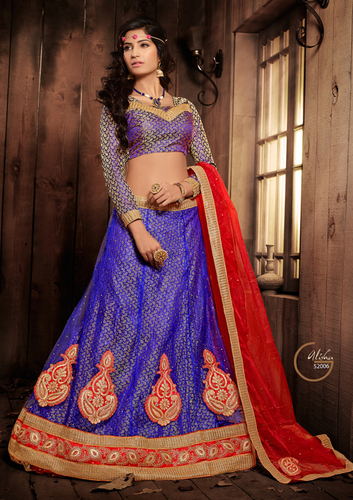 Saree - Fancy Embroidered Lehenga | Full Sleeves, Blue and Red, Dry Cleaning, No Fade, Washable, Ideal for Winter, Rainy, Spring, Summer