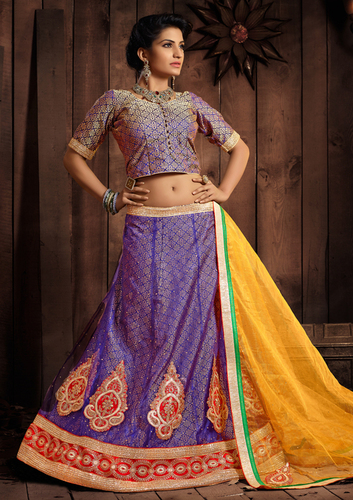 52011 - Fancy Netcolour Fabric | Free Size, Blue and Yellow Embroidered Party Wear Dress, All Season Washable & Dry Cleanable