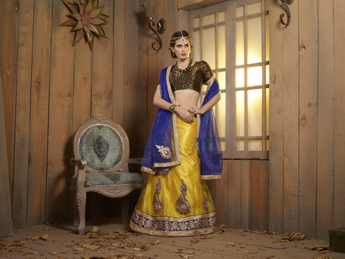 Lehanga - Net and Silk Fabric, Free Size, Yellow and Brown Color | Embroidered Pattern, Fancy Short Sleeves with Lace Decoration