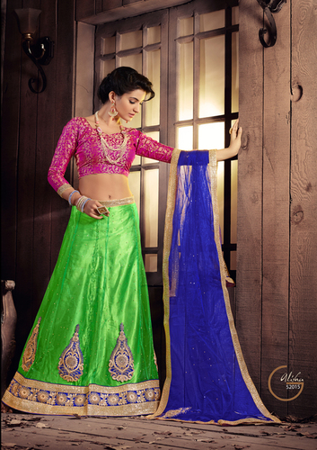 Lehanga - Silk Fabric, Free Size, Pink and Green Color, Embroidered Pattern | Full Sleeves, Fancy Lace Decoration, All Season, Washable