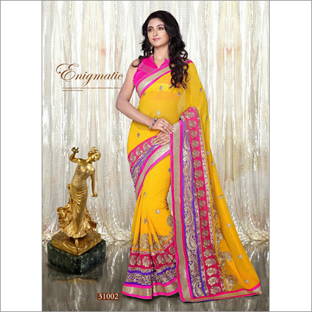 31002 - Silk Georgette Saree, Yellow and Pink - Embroidered Banarsi Design, Perfect for All Seasons: Winter, Rainy, Spring, Summer