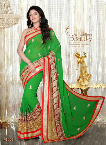 31006 - Georgette Saree, Size 6.30, Color Green | Embroidered with Resam Work, Stylish Bollywood Design for All Seasons