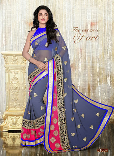 31007 - Georgette Fabric, Size 6.30, Color Red Blue | Embroidered Pattern with Resam Embroidery, Suitable for All Seasons