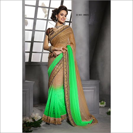 9907 - Net Fabric Georgette Saree, Size 6.30 | Fancy Bollywood Style, Brown and Green Colors for All Seasons