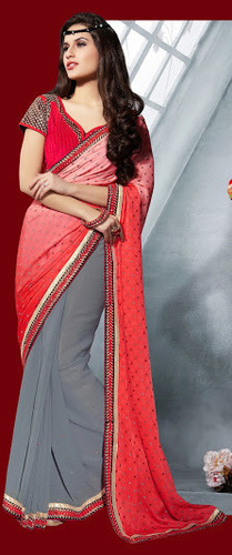 Saree - Georgette Fabric, Size 6.30, Color Red Grey | Plain Pattern, Bollywood Style, Suitable for All Seasons