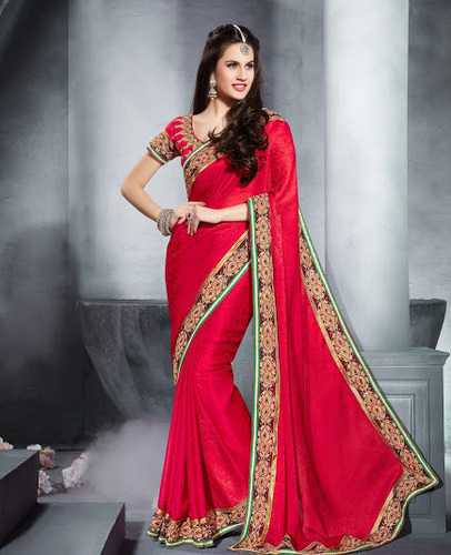 Saree - Georgette Silk, Size 6.30, Color Red - Bollywood Style, Plain Pattern, Suitable for Rainy, Spring, Summer, and Winter Seasons
