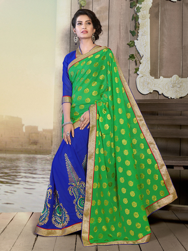 Saree - Silk Georgette, Size 6.30, Blue Green | Cotton Silk, Printed Pattern, Bollywood Style for Rainy, Spring, and Winter Seasons