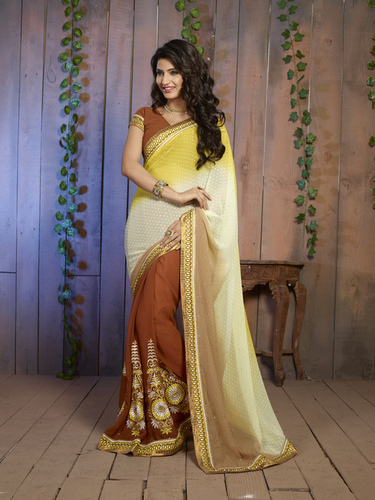 Saree - Georgette, Semi-Stitched, Size 6.30 | Embroidered Pattern, Bollywood Style, Suitable for Rainy, Spring, Summer, and Winter Seasons, Brown, White, Yellow
