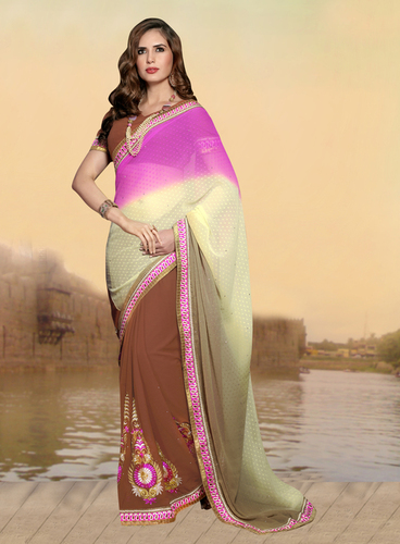 Saree - Georgette, Semi-Stitched, Size 6.30 | Brown and Pink Embroidered, Bollywood Style for All Seasons