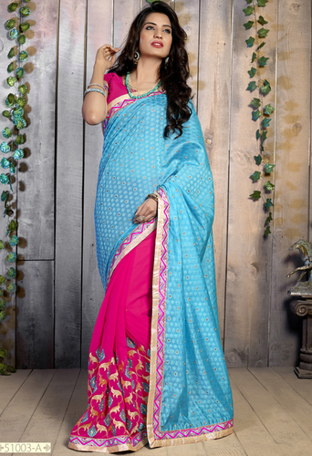 Saree - Georgette & Silk Blend, Size 6.30 | Blue and Pink Embroidered Pattern, Bollywood Style for All Seasons