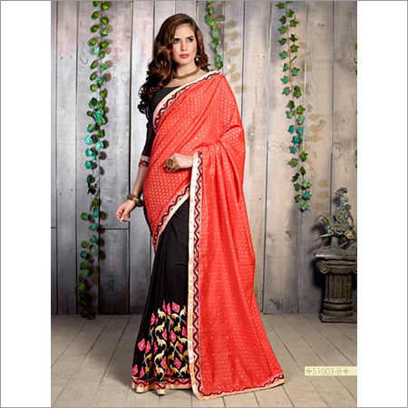 51003 - Black Orange Georgette Fabric Size 6.30 | Cotton, Printed Pattern, Suitable for Rainy, Summer, and Winter Seasons, Bollywood Style