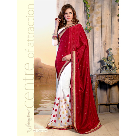 51004 - Cotton Georgette Fabric, Size 6.30, Red & White | Printed Pattern for Bollywood Style in Rainy, Summer, and Winter Seasons