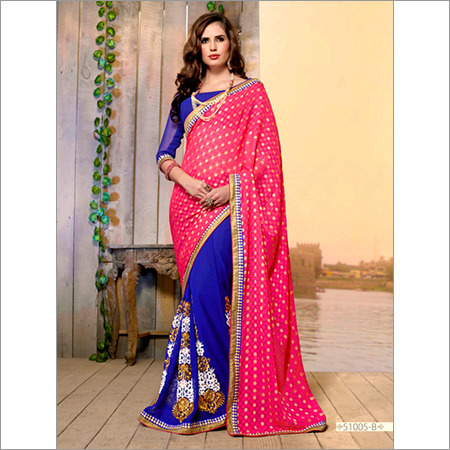 51005 - Georgette Fabric Dress | Embroidered in Pink and Blue, Size 6.30, Fancy Banarsi Style for All Seasons