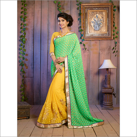 51007 - Chiffon Fabric, Size 6.30 | Yellow Green, Embroidered Pattern, Bollywood Style - Suitable for Rainy, Spring, Summer, and Winter Seasons