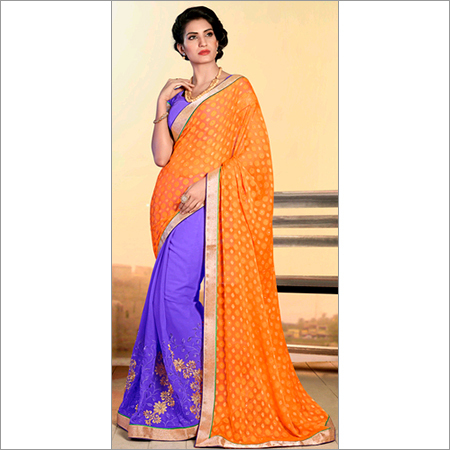 51007 - Georgette Fabric, Size 6.30 | Blue and Orange Embroidered Pattern, Fancy Style for Rainy and Spring Seasons, Bollywood Inspired