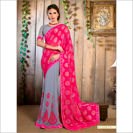 51008 - Pink Chiffon Saree, Size 6.30 | Embroidered Pattern, Bollywood Style, Suitable for All Seasons: Summer, Winter, Rainy, Spring