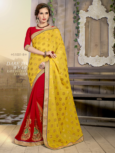 Saree - Jacquard and Georgette Material | Size 6.30, Yellow and Red Color, Embroidered Pattern, Bollywood Style for All Seasons