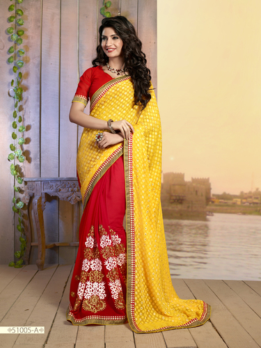 Saree - Cotton Georgette, Size 6.30, Red Yellow with Embroidery Work | Stylish Printed Pattern, Suitable for Rainy, Summer, and Winter Seasons