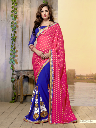 Saree - Georgette Fabric, Size 6.30, Color Blue with Red Embroidery | Cotton Silk Blend, Ribbons Closure, Bandhani Style for All Seasons