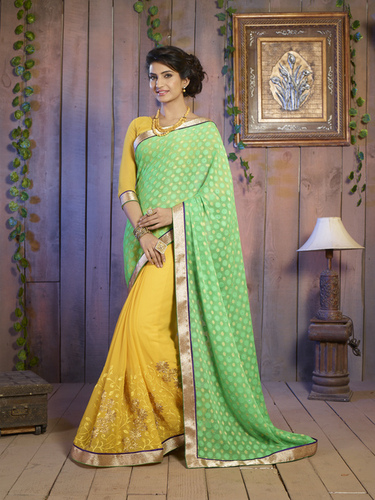 Saree - Georgette Fabric, Size 6.30, Yellow and Green Color, Embroidered Pattern | Bollywood Style for All Seasons