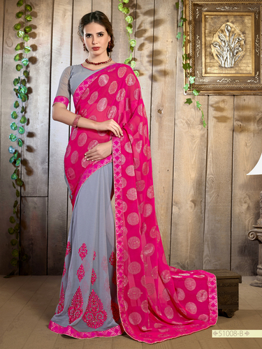 Saree - Georgette Fabric, Size 6.30 | Embroidered Pattern, Bollywood Style in Pink and Grey for All Seasons