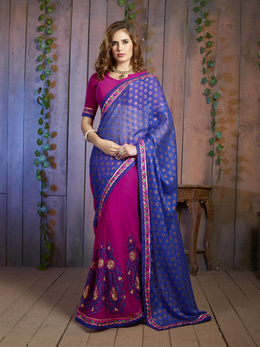 Saree - Net Fabric, Size 6.30, Blue and Red | Bollywood Style, Embroidered Pattern for All Seasons