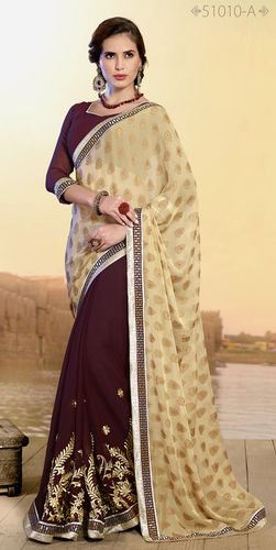 Saree - Georgette Fabric, Semi-Stitched Size: 6.30 | Beige and Maroon Embroidery, Bollywood Style for All Seasons