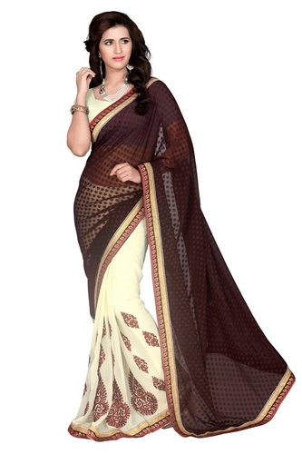 Saree - Chiffon Fabric, Size 6.30 Meters, Color White and Black | Designer Style, Bollywood Pattern, Suitable for All Seasons
