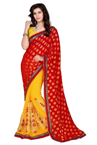 Designer Saree - Chiffon Fabric, Size 6.30, Yellow and Red with Embroidered Pattern | Bollywood Style, Suitable for Rainy and Summer Seasons