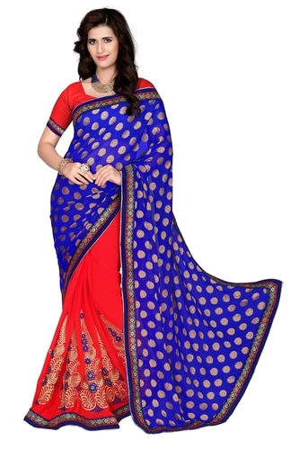 Saree - Chiffon, Size 6.30 | Color: Red and Blue, Pattern: Embroidered, Style: Bollywood, Suitable for Rainy, Spring, Summer, and Winter Seasons