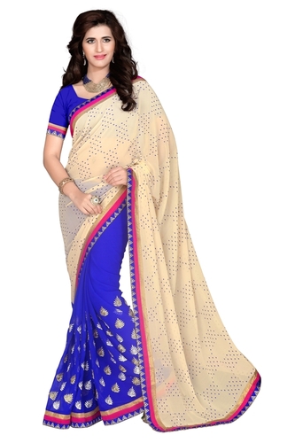 Saree - Chiffon, Size 6.30, Cream and Blue | Printed Pattern, Bollywood Style for All Seasons: Rainy, Spring, Summer, Winter