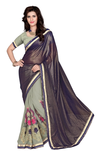 Saree - Semi Stitched Chiffon, Black & Light Green Embroidered Designer Saree | Silk Material, Bollywood Style, Suitable for All Seasons