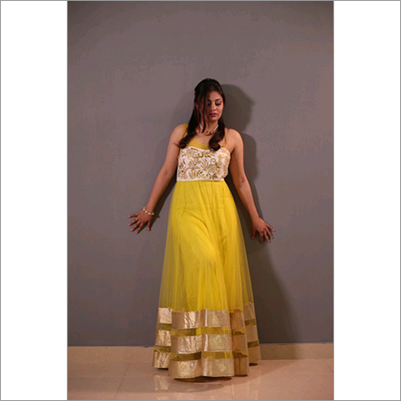 Designer Long Dress - Net Fabric Customizable Size Yellow Zipper Closure | Embroidery Elegant Design Comfortable Fit Stylish Look