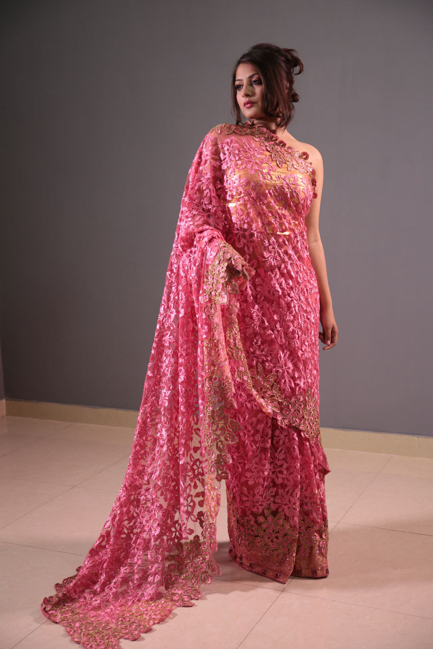 Heavy hand embroidery saree