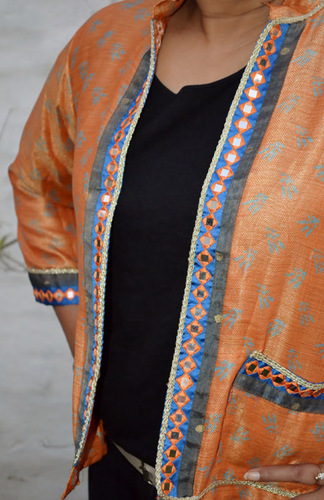 Orange Hand Blockprint Bhagalpuri Silk Jacket