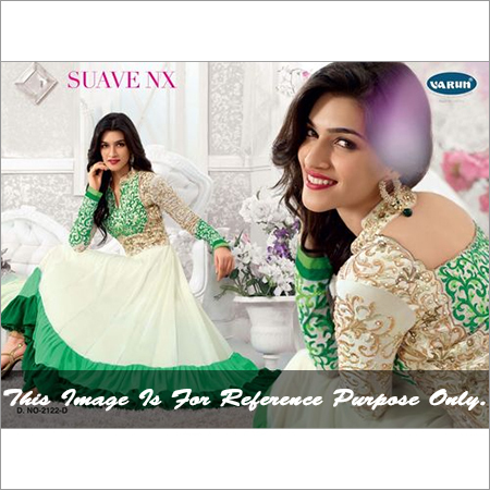 V Suit in White or Green - Soft Georgette, Golden Embroidery | V-Neck, Long Sleeve, Elegant Party Wear