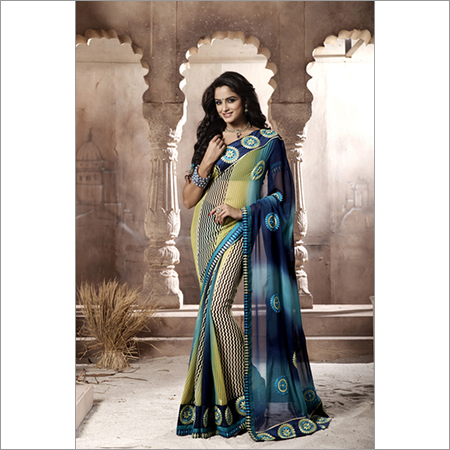 7002 - Georgette Embroidery Saree, Size: 6.30, Color: Blue and Black | Style: Bollywood, Season: All-Year, Pattern: Printed, Fabric Type: Chiffon